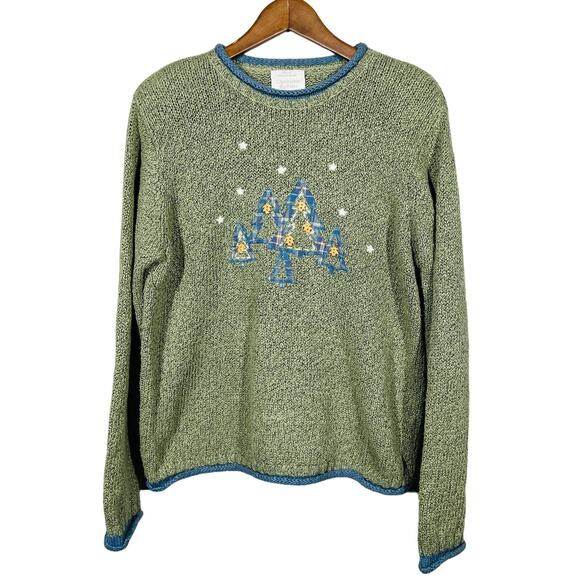 Vintage Christmas Sweater Christopher Banks Tree Crewneck Grey Blue - L - Picture 1 of 5